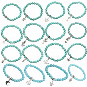 Bohemian Turquoise Beaded Bracelet With Alloy Animal Charm Ocean Beach Style Elastic Stretch Jewelry For Men Women