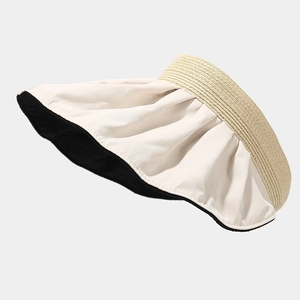 Dettaglio del cappello da sole con tesa larga in cotone beige e trama di paglia intrecciata