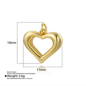 Detail of 18k gold plated hollow heart charm for DIY jewelry with dimensions and weight