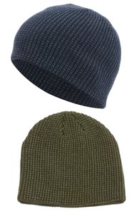 Detail shot of navy and olive rib-knit beanies with reflective fibers and thick wool texture