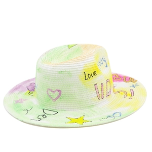 Women's wide brim straw hat with colorful graffiti art for summer beach vacation