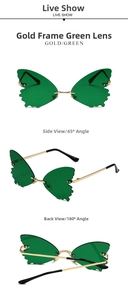 Three-angle view of green clover butterfly sunglasses with gold frames for St. Patrick's Day
