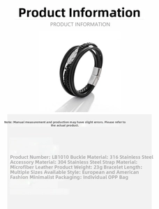 Detailed spec view of a multilayer leather bracelet with stainless steel feather charm
