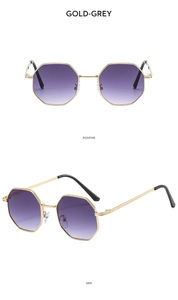 Detailed view of polygon gold metal sunglasses with grey gradient lenses from two angles