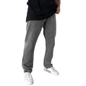 Men's casual grey denim jeans styled with black t-shirt and white sneakers on white background