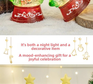 Close-up of a festive red Christmas music box with white embossed patterns and snow globe top