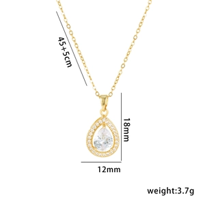 Water drop zircon pendant necklace in gold titanium steel with 45cm plus 5cm chain