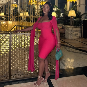 Elegant rose pink bodycon dress with off-shoulder neckline and long split cape sleeves