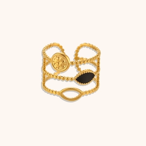 Three-layer 18K gold plated celestial ring with sun and moon black enamel accents