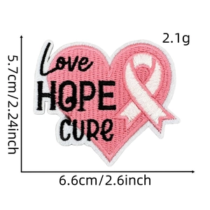Pink ribbon heart embroidery patch showing Love HOPE CURE text and exact dimensions