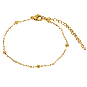Minimalist gold stainless steel beaded bracelet with adjustable lobster clasp on white background