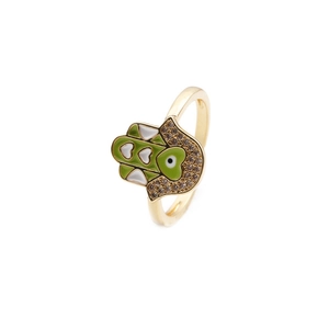 Bague main de Hamsa dorée avec cœur en émail vert, détail œil bleu et zircons