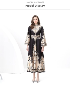 Detailed close-up of palace style vintage floral pattern on long flared sleeve dress
