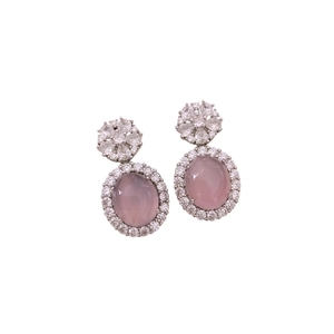 Vintage style oval pink chalcedony earrings with zircon cluster and silver finish