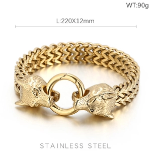 Detail of 304 stainless steel viking double wolf head bracelet with dimensions and weight