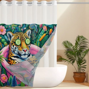 Detailed view of leopard in bathtub pattern on waterproof fabric shower curtain
