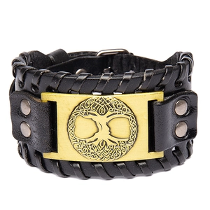 Men's punk black leather wide bracelet featuring golden Tree of Life metal plate engraving