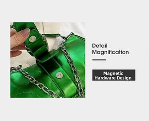 Dettaglio borsa verde metallizzato con chiusura magnetica argento e finiture in metallo