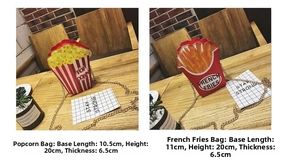Size detail of creative popcorn and french fries crossbody bags with metal chains