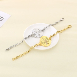 Detail of life tree pendant and O-chain links on gold and silver stainless bracelets