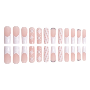 Winter Christmas press-on nails with glitter snowflakes and French white tips 24pcs set