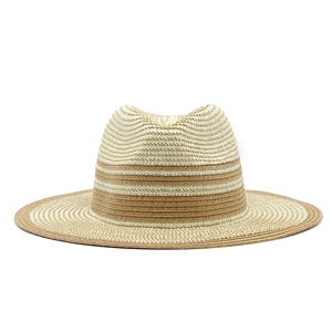 Classic wide brim straw Panama hat with beige and brown horizontal stripes