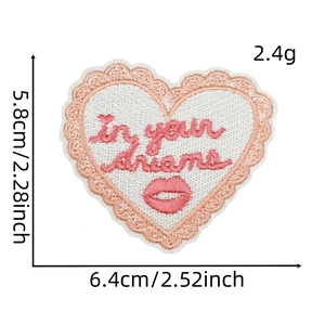 Pink heart embroidered patch with lip motif and In your dreams text, 6.4x5.8cm size