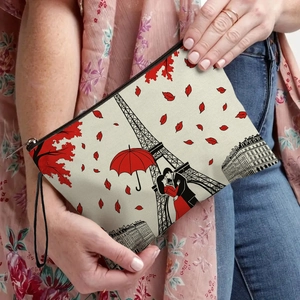 Paris Eiffel Tower print canvas makeup bag with zipper and hand strap for storage
