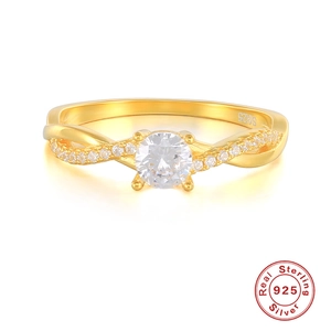Close-up of S925 sterling silver ring with twisted band and round sparkling cubic zirconia