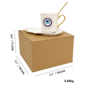 Ceramic coffee cup set with devil eye pattern and palm-shaped saucer in gift packaging