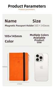 Detailed dimension chart showing RFID passport holder size of 105x145mm for travel