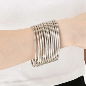 Set of stackable 3mm vintage silver stainless steel wire bangles for a layered look