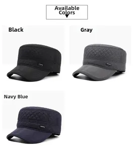 Quilted men's flat caps in black, gray, and navy with fleece lining and metal logo detail