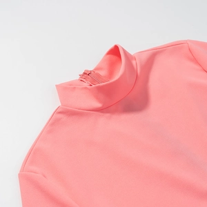Detail of coral pink dress showing high neck collar and back invisible zipper closure