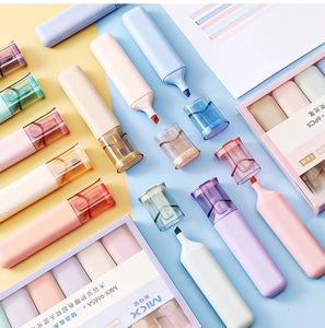 Detailed flat lay of 6 soft-tip macaron highlighter pens with chiseled marker tips