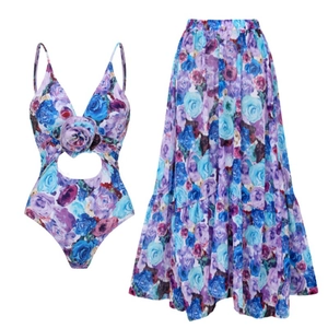 Ensemble bikini bleu-violet avec fleur 3D et jupe longue à imprimé floral