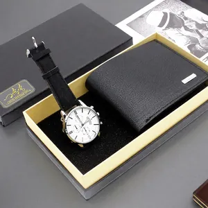 Men's fashion business gift set featuring a leather strap watch and a textured wallet