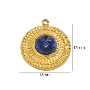 Detail of 15mm sunburst gold pendant with a blue faceted natural stone center