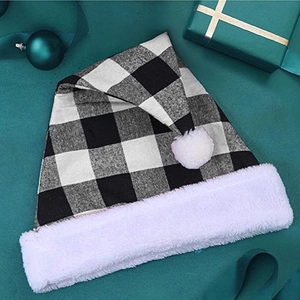 Classic Christmas hat with black and white plaid pattern and white plush fur trim