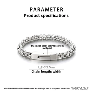 Detail view of silver stainless steel woven chain bracelet with size specs 210mm x 7.5mm