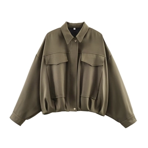Women's vintage olive green cropped bomber jacket with pleated hem and flap chest pockets