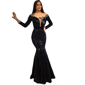 Elegant navy blue sequin evening gown with long sleeves and silver floral embroidery