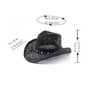 Detail view of black woven cowboy straw hat with turquoise beads and size dimensions