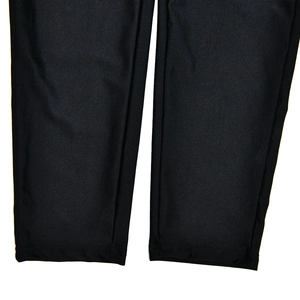 Detailed close-up of the black fabric hem and stitching on a slim-fit bodysuit