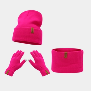 Detailed close-up of pink ribbed knit beanie, scarf, and touchscreen gloves with leather patch