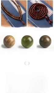 Detail showing Green Sandalwood beads aging process from raw wood to dark green patina