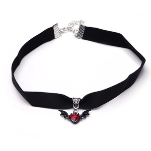 Gothic black fabric choker featuring a black bat pendant with a red heart-shaped gemstone