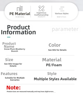 Detailed specifications chart for decorative snow berry branches made of PE and foam