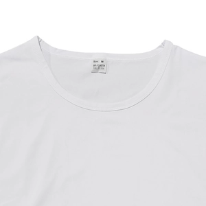 Detail shot of white men's tank top neckline with Size M and 100% polyester label