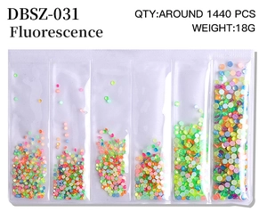 Detail view of colorful fluorescent flatback nail rhinestones set with multi-size crystals